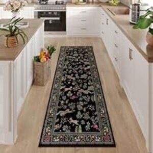 Black Tropical Animal Themed 2 x 6 Washable Rug Runner